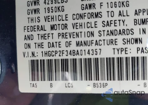 2011 Honda Accord 2.4 Lx z USA, uszkodzony, nr VIN 1HGCP2F34BA014357